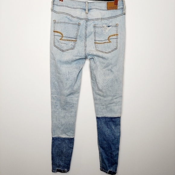 American Eagle Sz 4 Jeggings Hi Rise Patchwork Distressed Super Stretch Denim - Picture 6 of 13